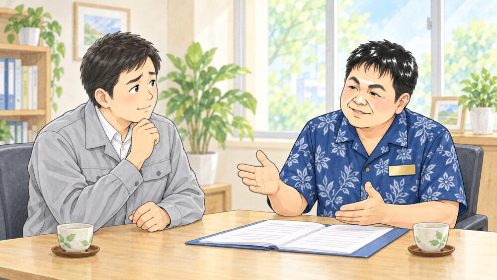 相談室で40代の男性が行政書士と向かい合い、会社の株式の承継と遺留分について相談しているイラスト