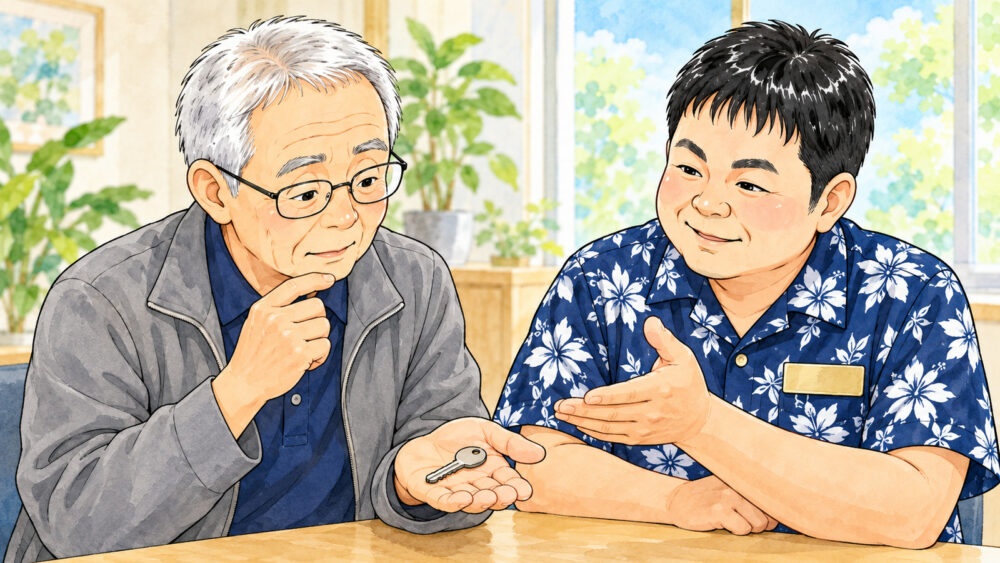 相談室で60代後半の男性が手のひらに載せた小さな鍵を見つめ、行政書士がそばで穏やかに話しかけているイラスト