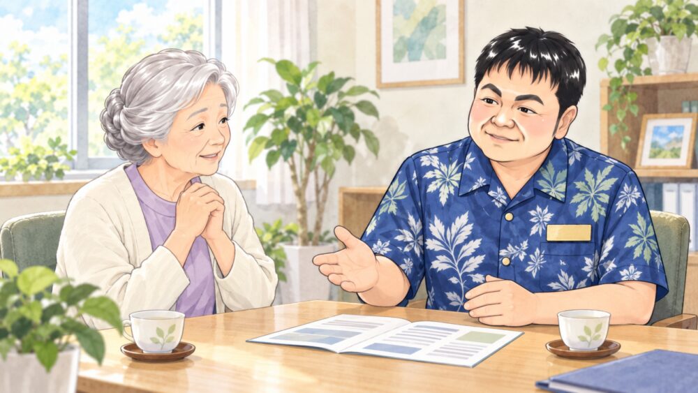 相談室で78歳の女性が行政書士と向かい合い、川崎市の終活支援事業の利用条件について相談しているイラスト