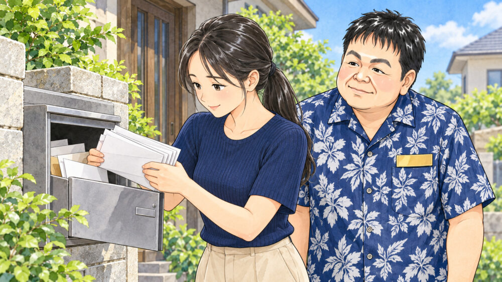 実家の玄関先で30代前半の女性が郵便受けから封筒を取り出し、行政書士がそばで見守っているイラスト