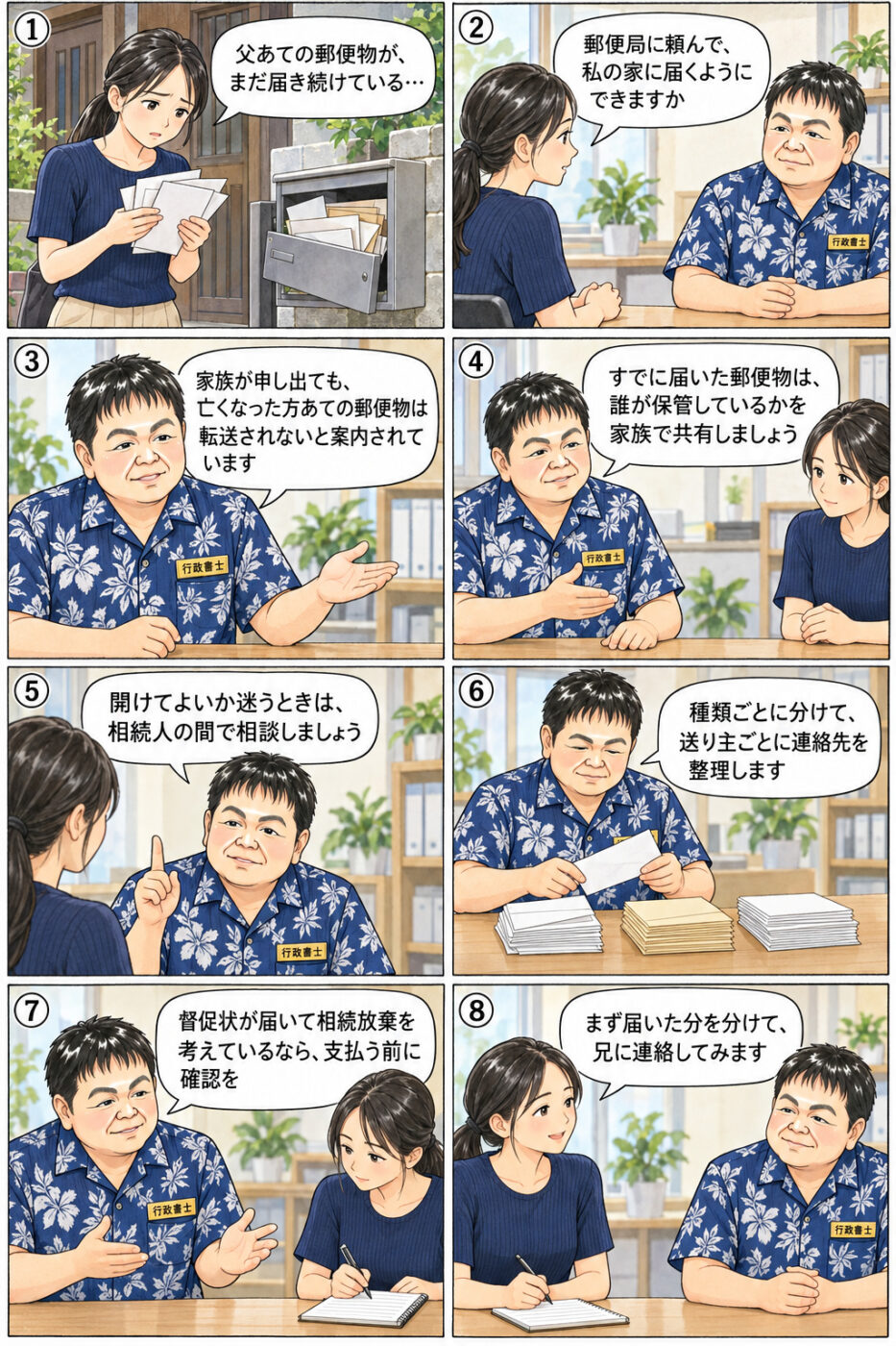 父を亡くした30代前半の女性が、家族が申し出ても亡くなった方あての郵便物は転送されないと案内されていること、すでに届いた郵便物は誰が保管しているかを家族で共有すること、開けてよいか迷うときは相続人の間で相談すること、種類ごとに分けて連絡先を整理することについて、行政書士から説明を受けている様子を描いたイラスト