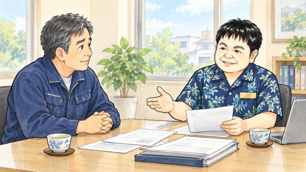 相談室で50代の男性が行政書士と向かい合い、親の事業の許認可と届出について相談しているイラスト