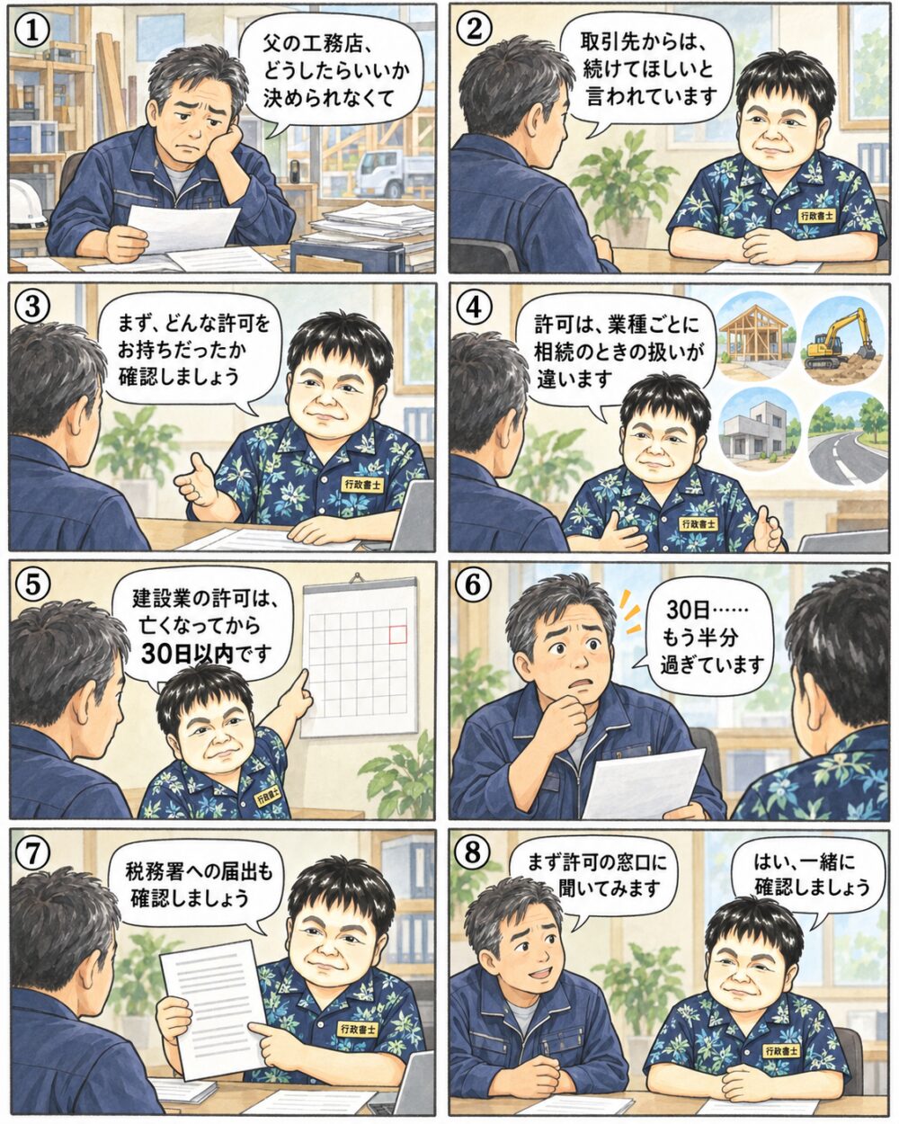 父の工務店を続けるか閉めるか決めかねている50代の男性が、許可の承継には期限があることを行政書士から説明を受けている様子を描いたイラスト