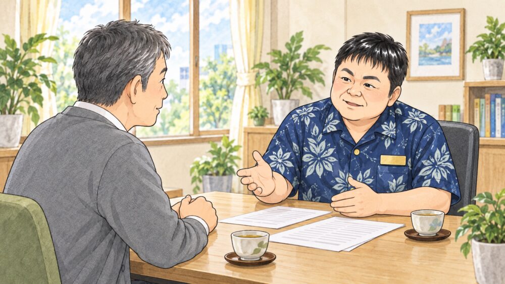 相談室で50代の男性が行政書士と向かい合い、高齢の父が結んだ工事の契約について相談しているイラスト