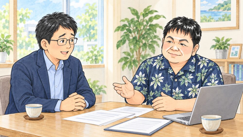 相談室で50代の男性が行政書士と向かい合い、施設にいる親の公正証書遺言の作り方について相談しているイラスト