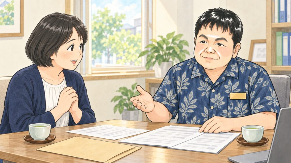 相談室で50代の女性が行政書士と向かい合い、親の戸籍に記載されるフリガナについて相談しているイラスト