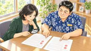 相談室で40代後半の女性が虫眼鏡で2枚の書類を照らし合わせ、行政書士が書類を指で示しながら説明しているイラスト
