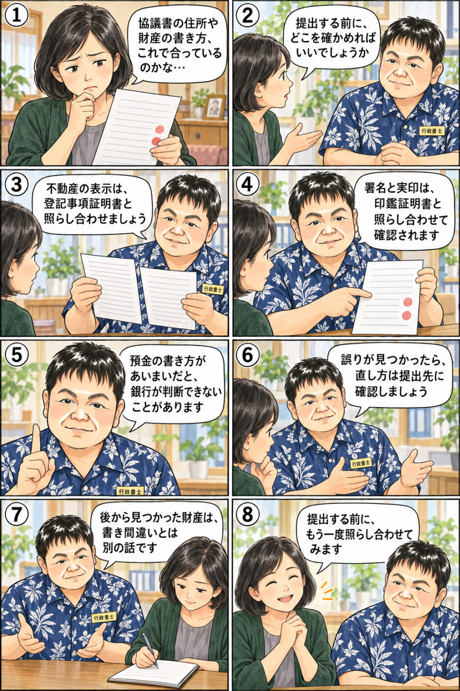 兄弟を代表して遺産分割協議書をまとめた40代後半の女性が、不動産の表示は登記事項証明書と照らし合わせること、署名と実印は印鑑証明書と照らし合わせて確認されること、預金の書き方があいまいだと銀行が判断できないことがあること、誤りの直し方は提出先に確認することについて、行政書士から説明を受けている様子を描いたイラスト