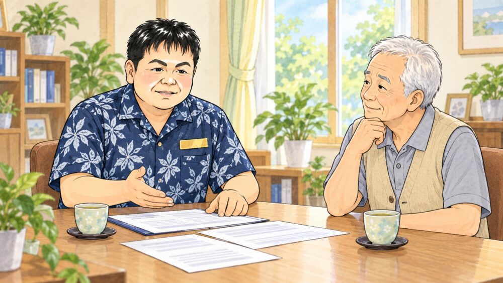 相談室で70代前半の男性が行政書士と向かい合い、身寄りのない人への支援と社会福祉法の改正について相談しているイラスト