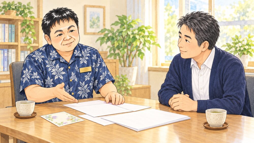 相談室で50代前半の男性が行政書士と向かい合い、喪中はがきで知った親族の相続と年末年始の手続きについて相談しているイラスト