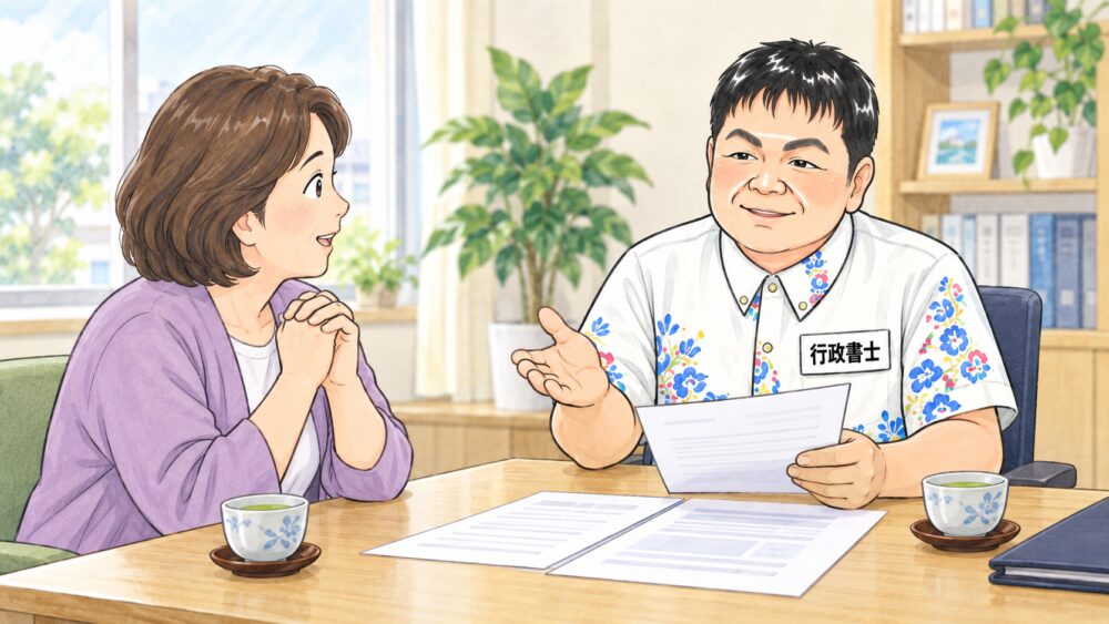 相談室で行政書士に相続の相談先について話を聞いている女性のイラスト