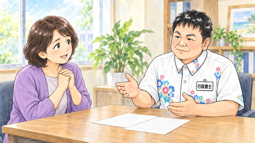 遺産分割協議の進め方について行政書士から説明を受けている女性のイラスト