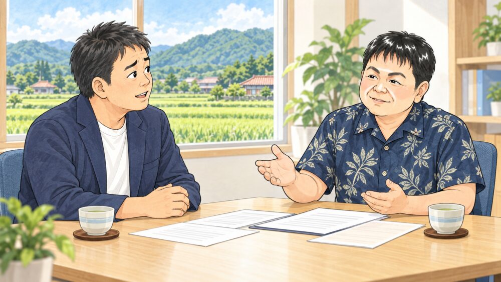 相談室で50代の男性が行政書士と向かい合い、相続した農地の届出と手続きについて相談しているイラスト