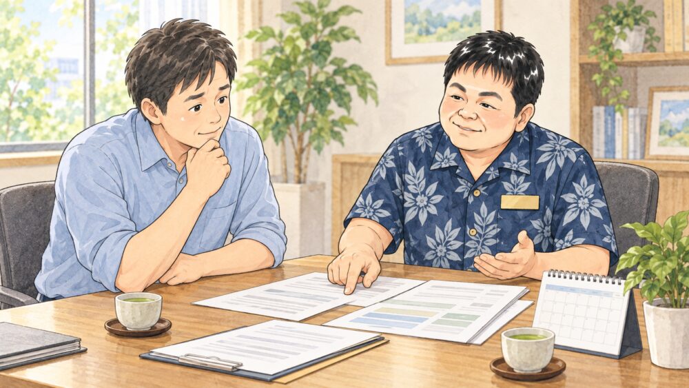 相談室で40代の男性が行政書士と向かい合い、書類とカレンダーを前に相続の期間について相談しているイラスト