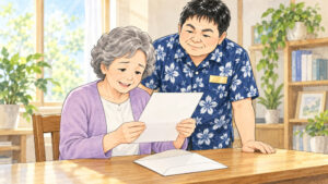 相談室で60代後半の女性が届いた封筒の書類を確かめ、そばに立つ行政書士が穏やかに見守っているイラスト