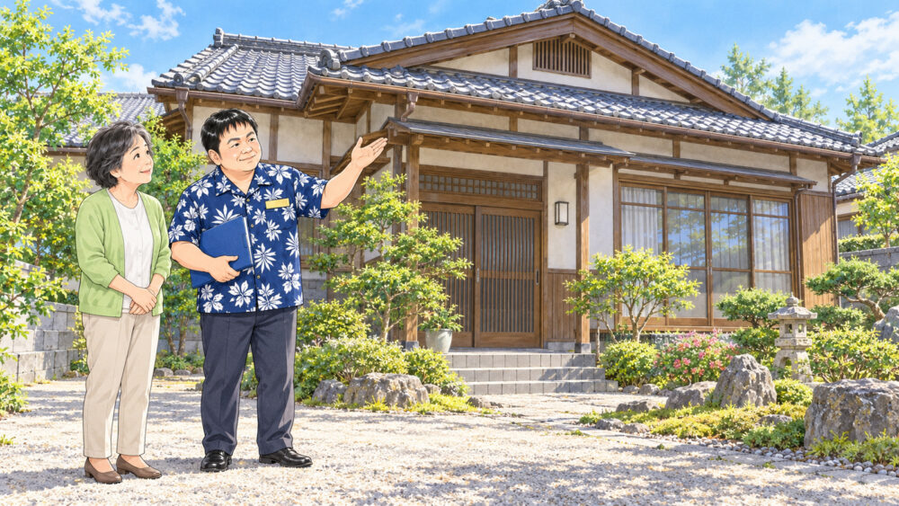 瓦屋根の一軒家の前で、60代前半の女性と行政書士が書類のファイルを手に家を見ながら話しているイラスト