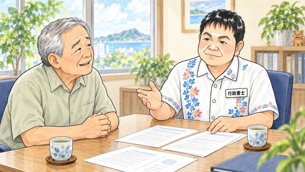契約書を前に死後事務委任契約の仕組みを行政書士から聞いている男性のイラスト