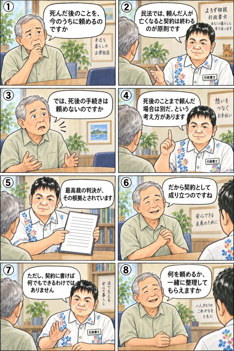 死後の手続きを生前に頼めるのかを行政書士に相談している男性のイラスト