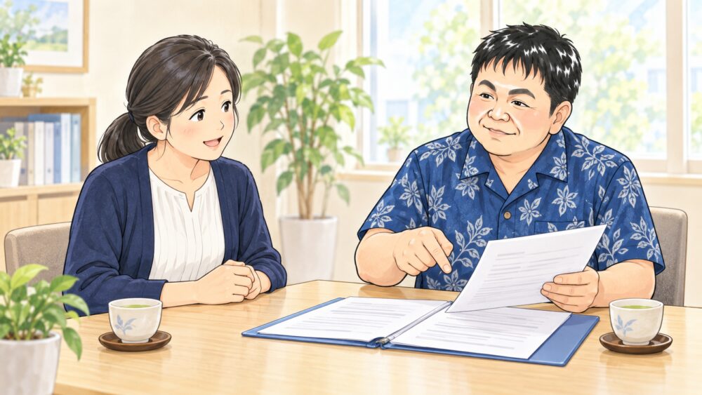 相談室で50代の女性が行政書士と向かい合い、施設の入居契約書を確認しながら退去の手続きについて相談しているイラスト