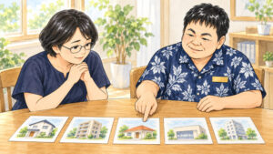 相談室で50代前半の女性と行政書士が、テーブルに並べたカードを見ながら、親が使っていた証券会社の調べ方について話しているイラスト