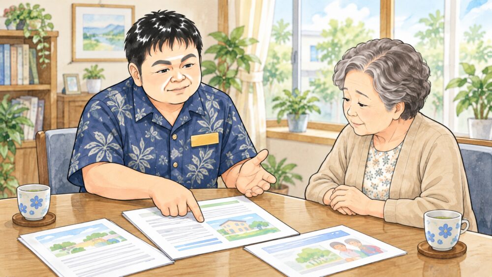 相談室で70代後半の女性が行政書士と向かい合い、事業者との契約書や重要事項説明書について相談しているイラスト