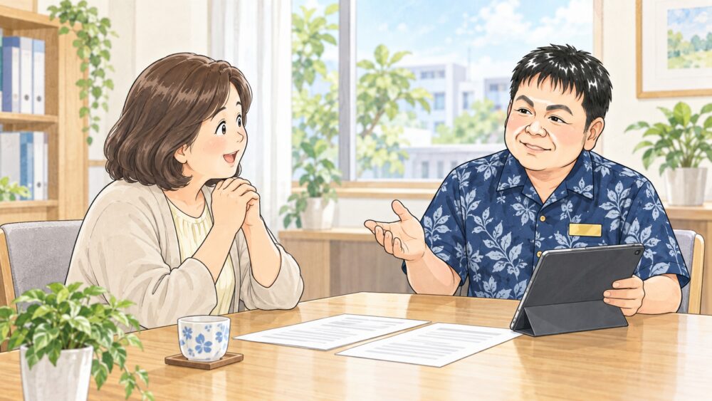 相談室で60代の女性が行政書士と向かい合い、住所が変わったときの不動産の登記について相談しているイラスト