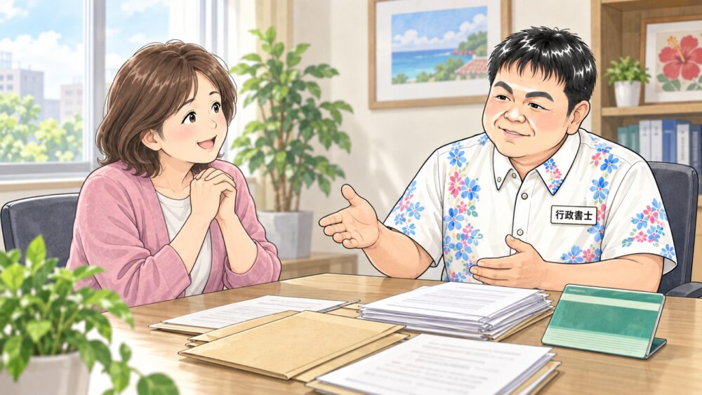 古い書類を前に行政書士から手続きの進め方を聞いている女性のイラスト
