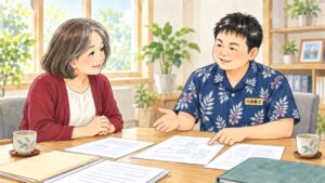 相談室で60代前半の女性が行政書士と向かい合い、止まっている相続手続きの工程について相談しているイラスト