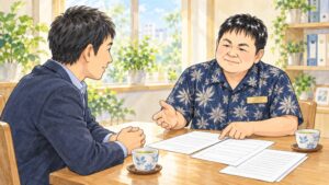 相談室で40代前半の男性が行政書士と向かい合い、相続人どうしの連絡と書類の回し方について相談しているイラスト