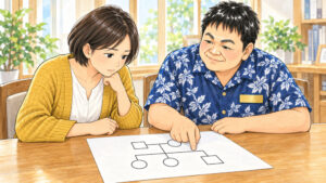 相談室で30代後半の女性と行政書士が並んで座り、家族の関係を表した図を一緒に確認しているイラスト