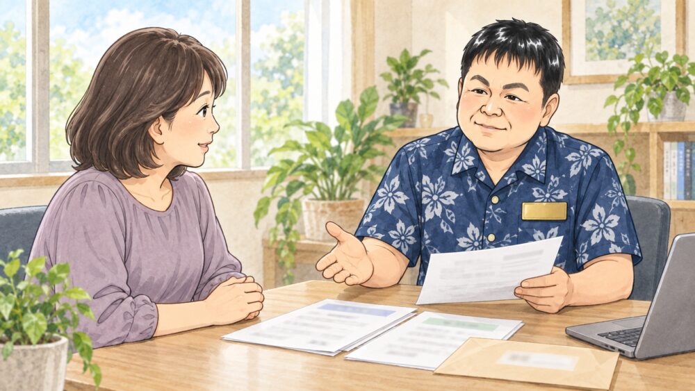 相談室で50代の女性が行政書士と向かい合い、戸籍の写しと戻ってきた封筒を前に相続人の所在について相談しているイラスト