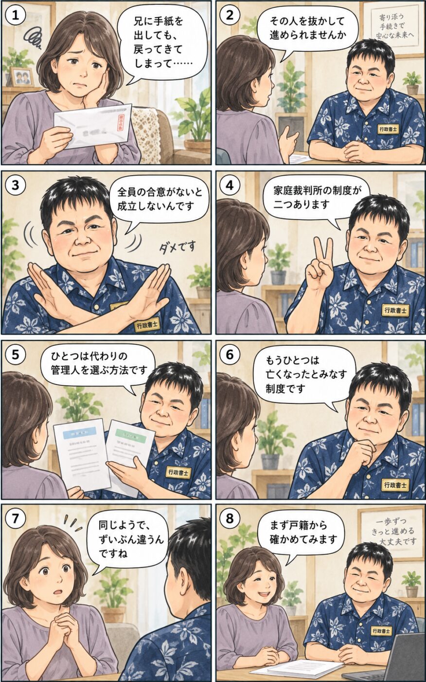 相続人のひとりと連絡が取れず所在が分からないとき、その人を除いて遺産分割はできないこと、家庭裁判所の制度が二つあり効果が異なることを、行政書士から説明を受けている様子を描いたイラスト