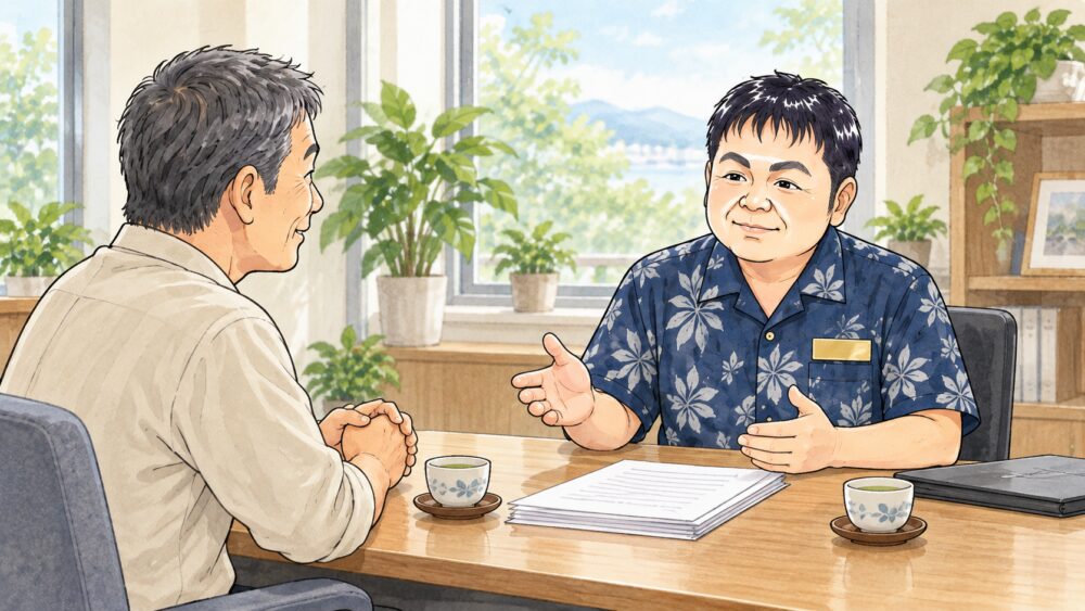 相談室で50代の男性が行政書士と向かい合い、遺言に相続させると書かれていた場合の手続きについて相談しているイラスト
