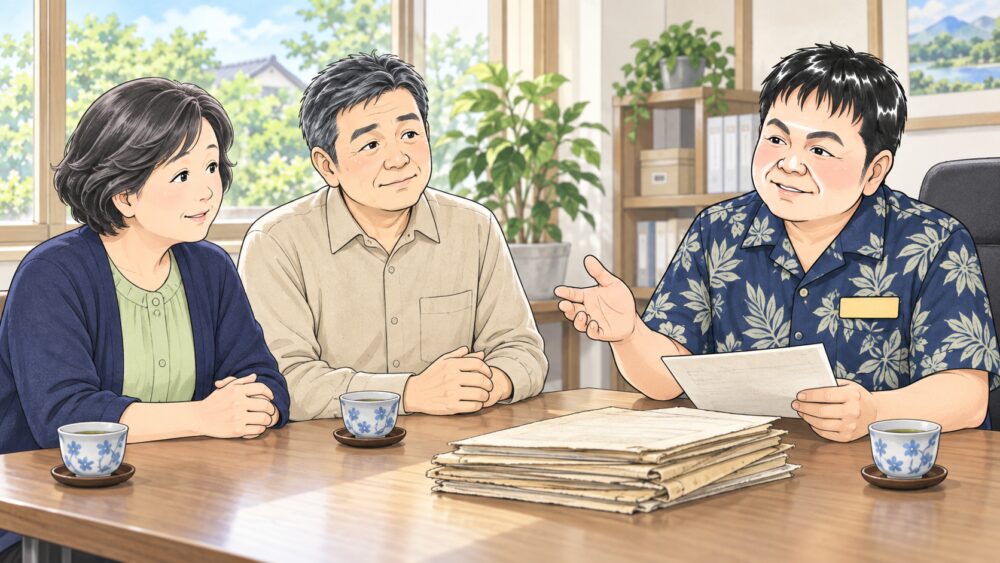 相談室で60代の女性と弟が行政書士と向かい合い、二つの相続が重なった場合の遺産分割協議書について相談しているイラスト