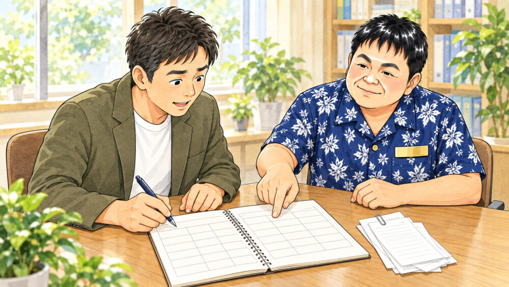 相談室のテーブルで30代後半の男性がノートに費用の一覧を書き込み、行政書士がその一覧を指で示しながら説明しているイラスト