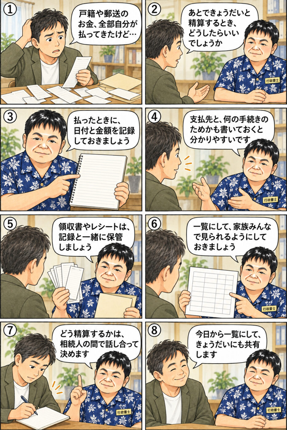 相続手続きの費用を立て替えてきた30代後半の男性が、払ったときに日付と金額を記録すること、支払先と何の手続きのためかも書いておくこと、領収書やレシートを記録と一緒に保管すること、一覧にして家族で共有すること、どう精算するかは相続人の間で話し合って決めることについて、行政書士から説明を受けている様子を描いたイラスト
