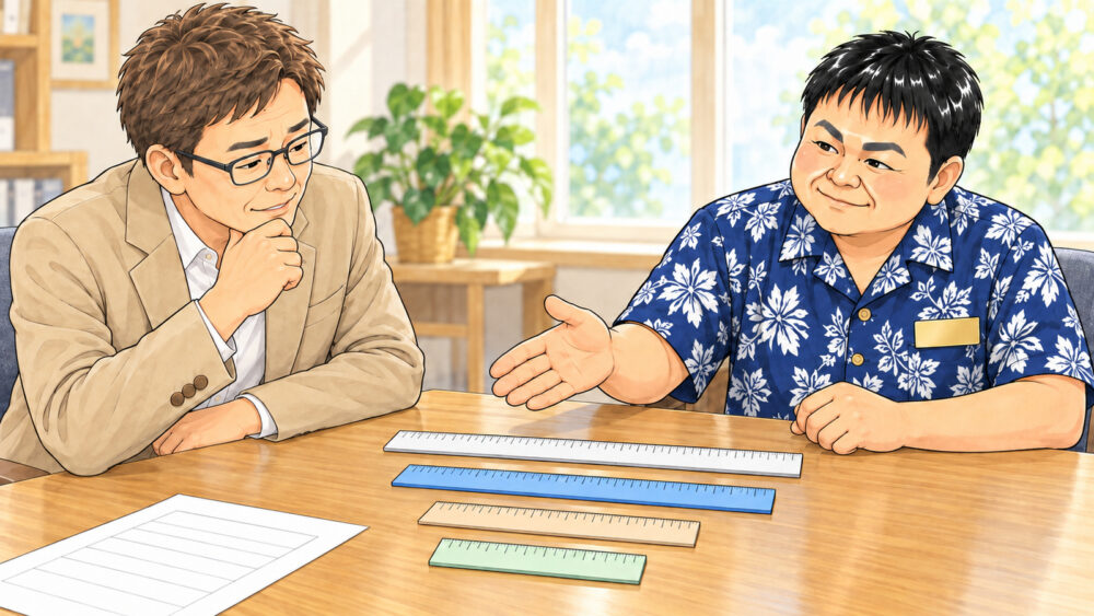 実家の土地の価格について相談する40代の男性に、行政書士が机の上の4本のものさしを示して説明しているイラスト