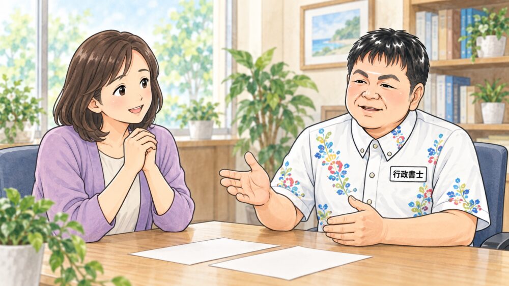 遺産分割協議で特別代理人が必要になる場面を行政書士から聞いている女性のイラスト
