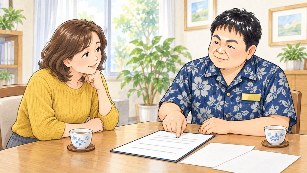 相談室で50代後半の女性が行政書士と向かい合い、賃貸住宅の残置物の扱いと指定残置物リストについて相談しているイラスト