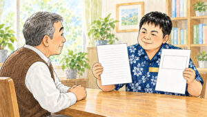 相談室で行政書士が2種類の書類を左右の手に持って見比べながら、60代前半の男性に違いを説明しているイラスト