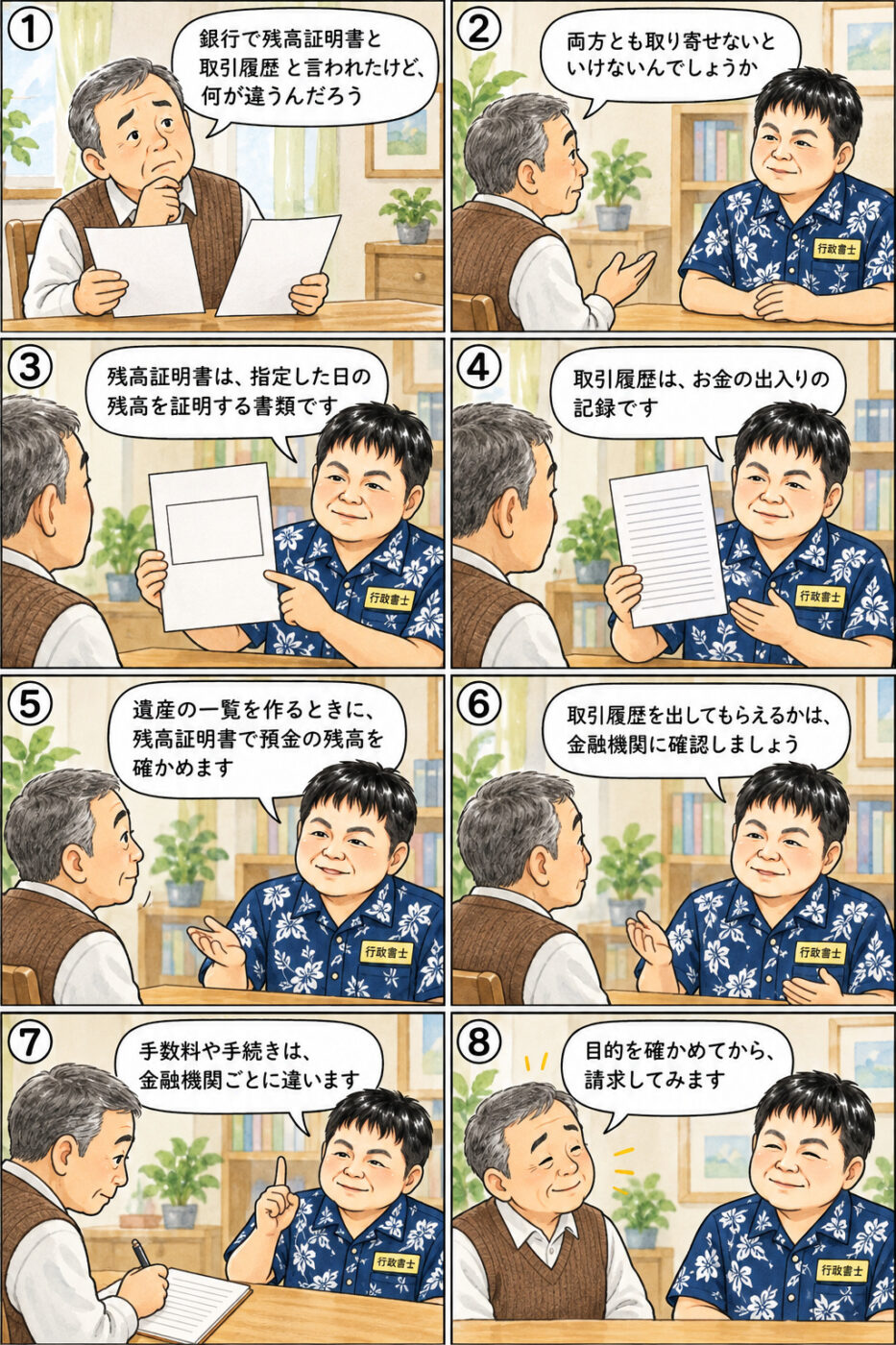 母を亡くした60代前半の男性が、残高証明書は指定した日の残高を証明する書類で取引履歴はお金の出入りの記録であること、遺産の一覧を作るときに残高証明書で預金の残高を確かめること、取引履歴を出してもらえるかや手数料は金融機関に確認することについて、行政書士から説明を受けている様子を描いたイラスト