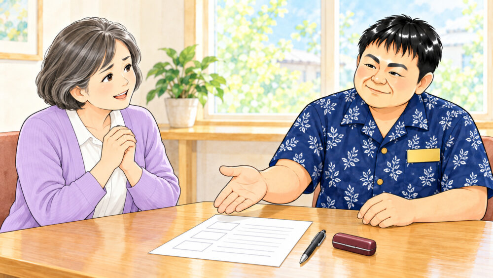 長い間動いていなかった亡き父の口座について相談する60代の女性に、行政書士が机の上の書類を示して説明しているイラスト