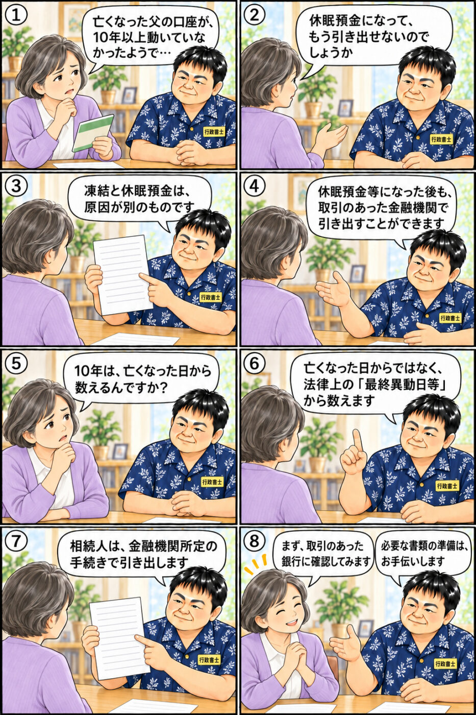 長い間動いていなかった亡き父の口座について相談する60代の女性が、休眠預金の引き出し方を行政書士から説明されている様子を描いたイラスト