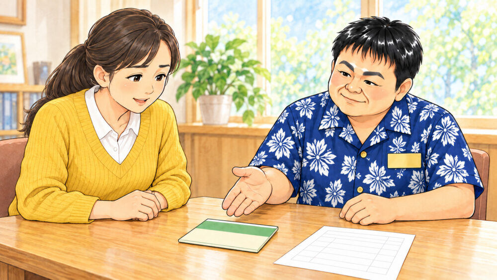 亡くなった父の預金について相談する30代後半の女性に、行政書士が机の上の通帳を示して説明しているイラスト